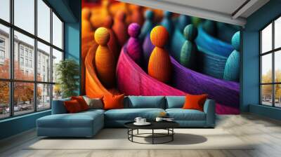 A dynamic scene of colorful wooden human figures, arranged in a spiral layout, with a bright orange figure at the center, gradually increasing Wall mural